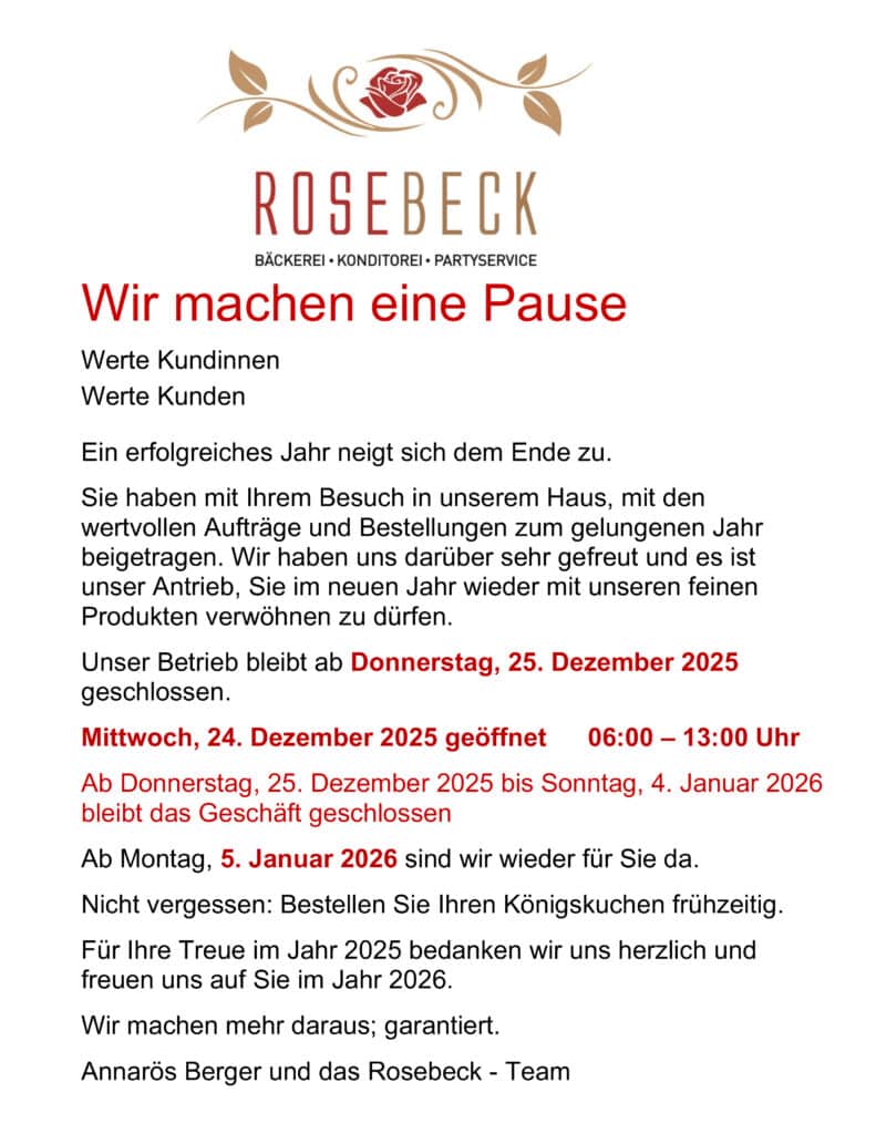 Rosebeck Münsingen - Bäckerei, Konditorei, Take-Away und Party-Service