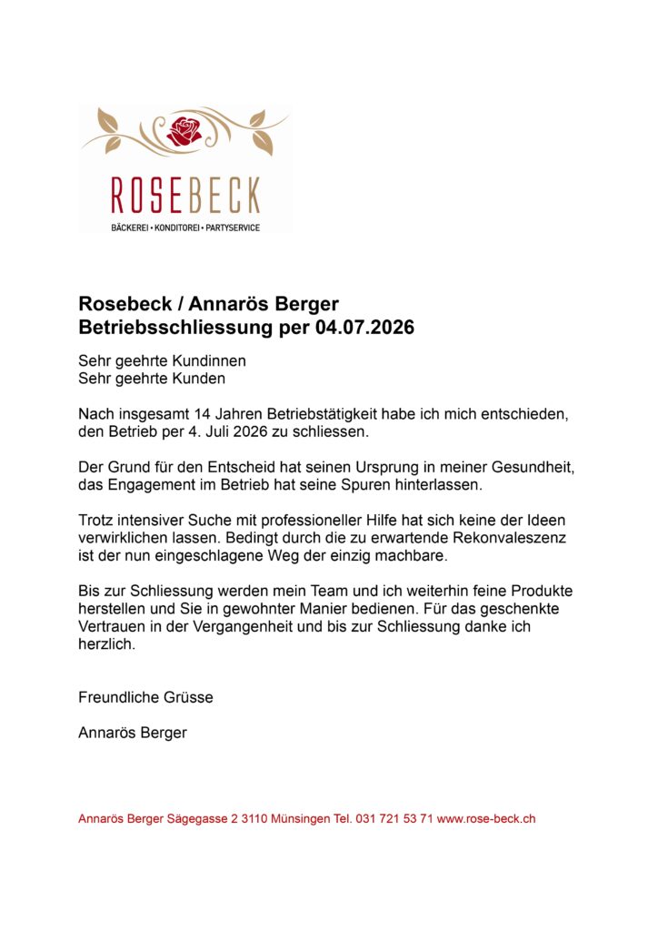 Betriebsschließung der Bäckerei Rosebeck am 04.07.2026 aus gesundheitlichen Gründen angekündigt.
